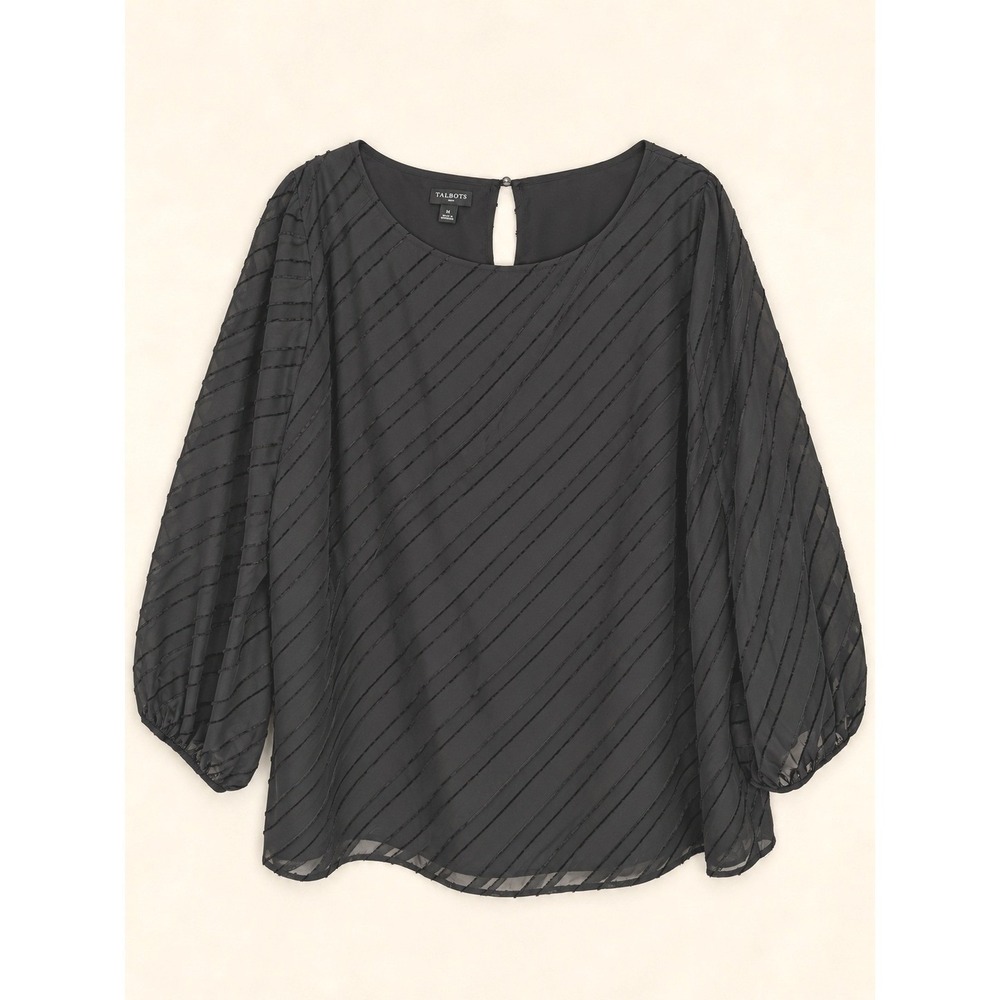 Talbots Plus Black Textured Stripe Balloon Sleeve Blouse 3X Keyhole Back Top
